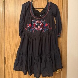Free People Embroidered Floral Gypsy Dress Black Women Large